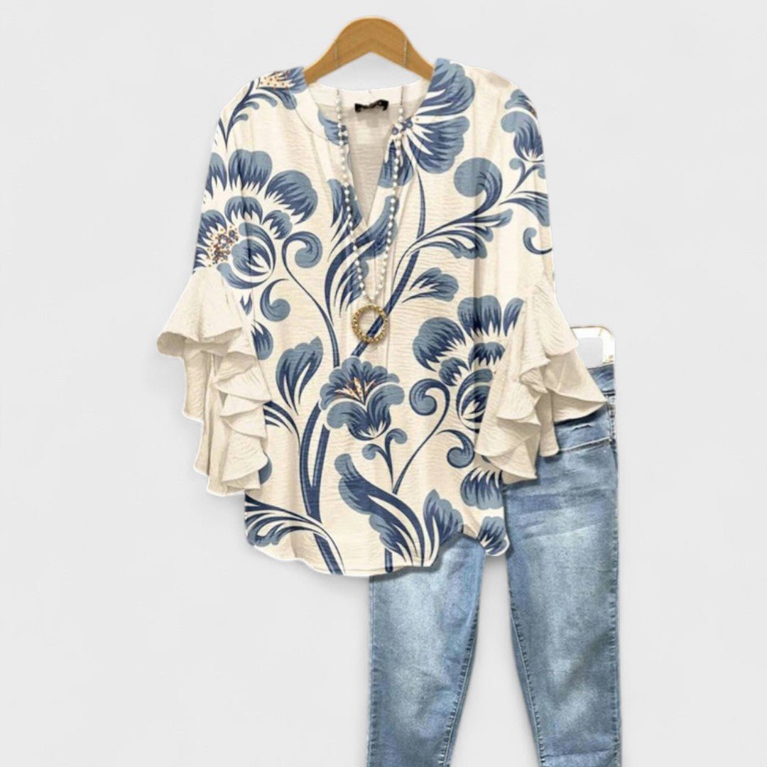 Women's Floral Print Ruffle-Sleeve V-Neck Lightweight Blouse - White
