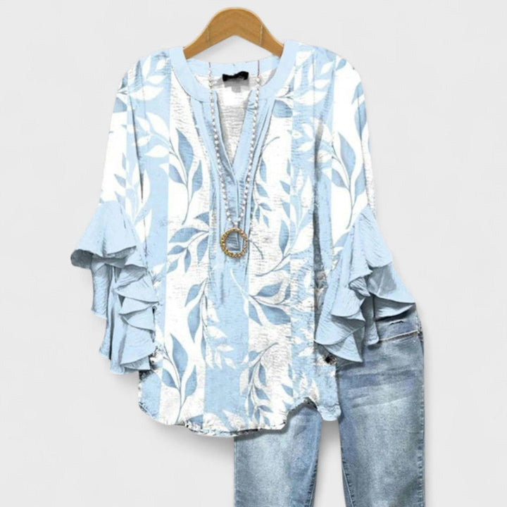 Women's Floral Print Ruffle-Sleeve V-Neck Lightweight Blouse - Light Blue