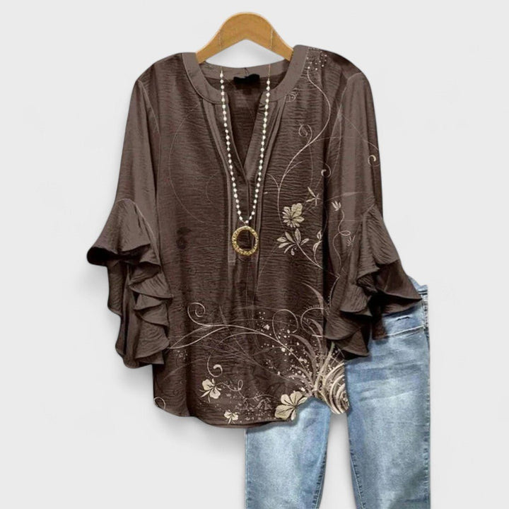 Women's Floral Print Ruffle-Sleeve V-Neck Lightweight Blouse - Brown