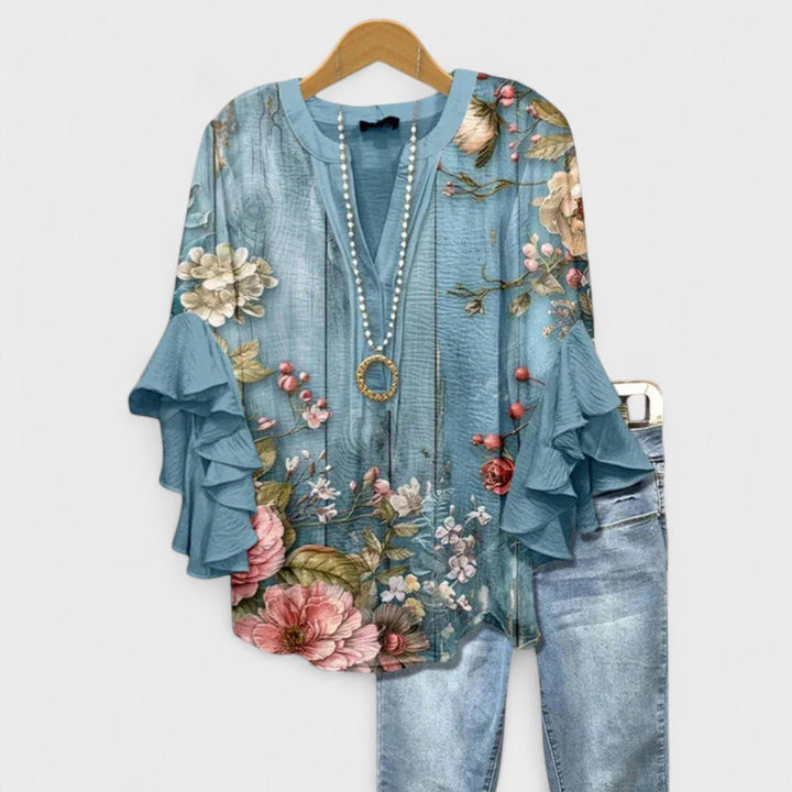 Women's Floral Print Ruffle-Sleeve V-Neck Lightweight Blouse - Floral Blue