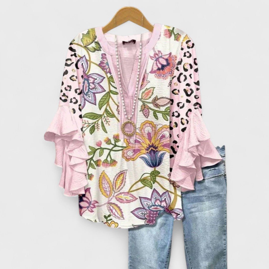 Women's Floral Print Ruffle-Sleeve V-Neck Lightweight Blouse - Pink