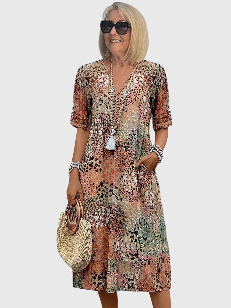 Women's Floral Print V-Neck Short-Sleeve Midi Swing Dress - Beige