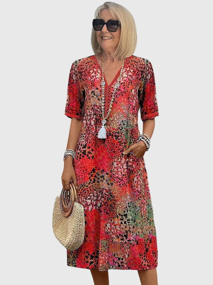 Women's Floral Print V-Neck Short-Sleeve Midi Swing Dress - Rood