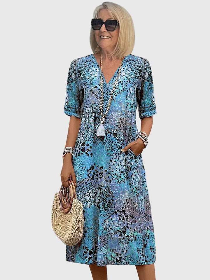 Women's Floral Print V-Neck Short-Sleeve Midi Swing Dress - Blauw