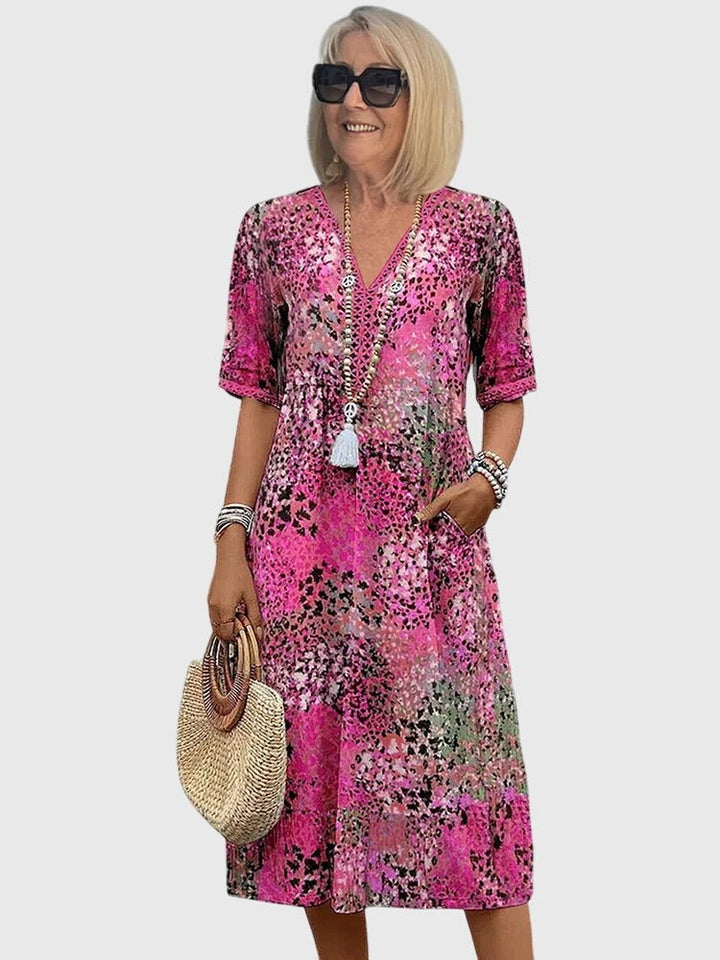 Women's Floral Print V-Neck Short-Sleeve Midi Swing Dress - Roze