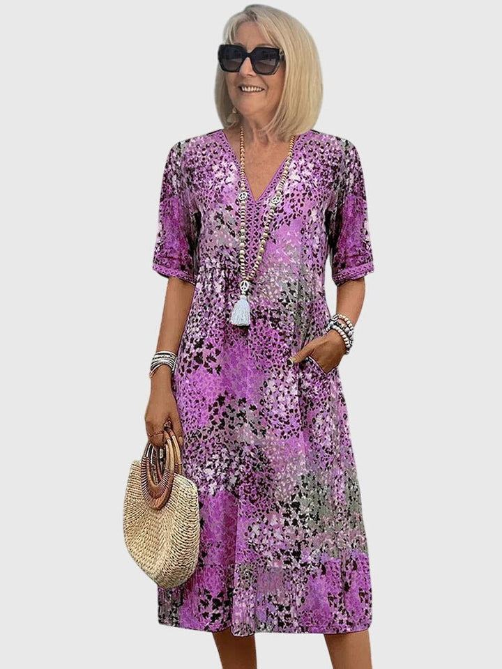 Women's Floral Print V-Neck Short-Sleeve Midi Swing Dress - Paars