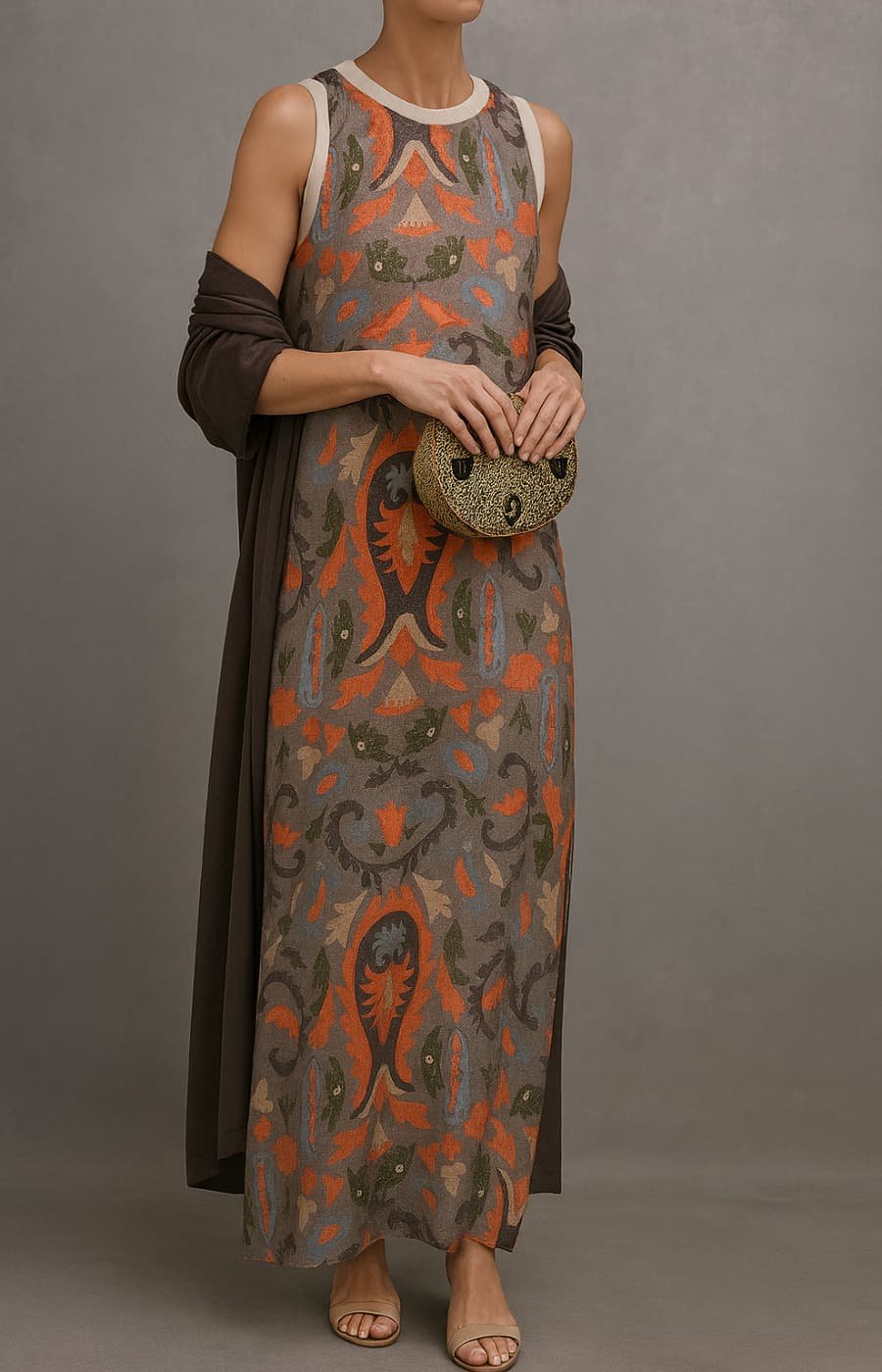 Women's Floral Printed Sleeveless Maxi Dress Shawl Set - Gray