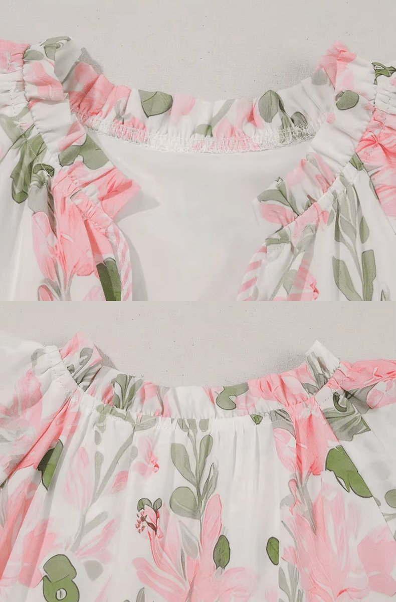 Women's Floral Puff-Sleeve Tie-Neck Relaxed Mini Dress
