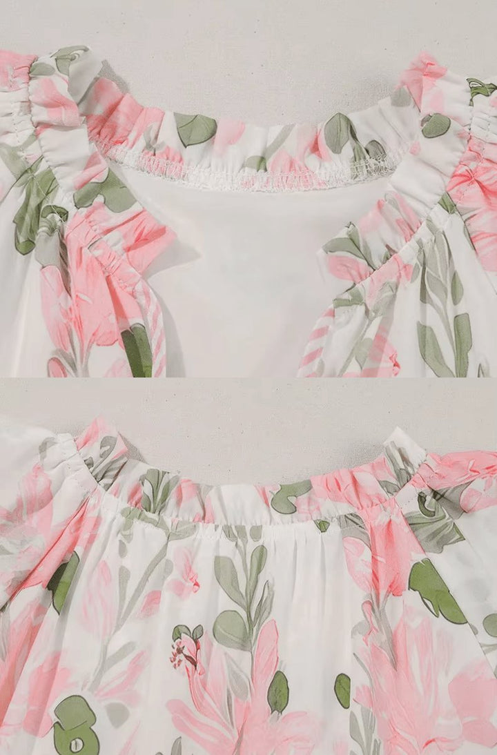 Women's Floral Puff-Sleeve Tie-Neck Relaxed Mini Dress