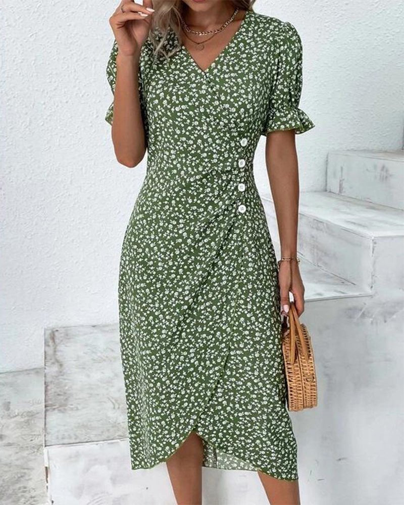 Women's Floral Ruffle-Sleeve V-Neck Midi Wrap Dress - Green