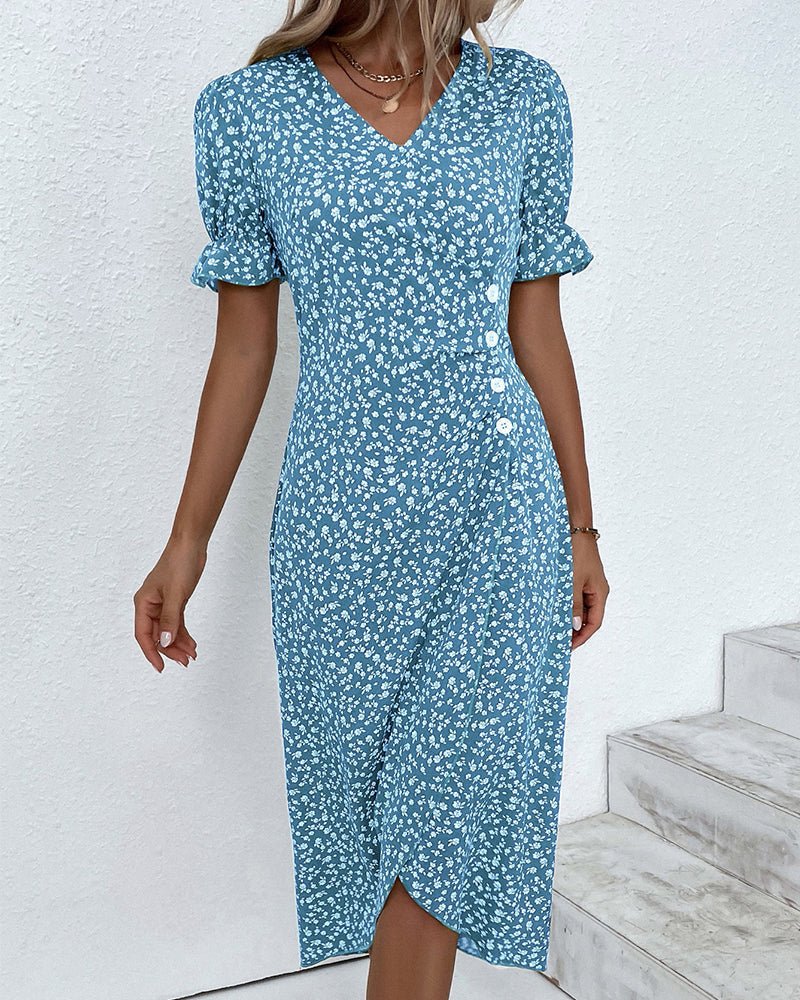 Women's Floral Ruffle-Sleeve V-Neck Midi Wrap Dress - Blue