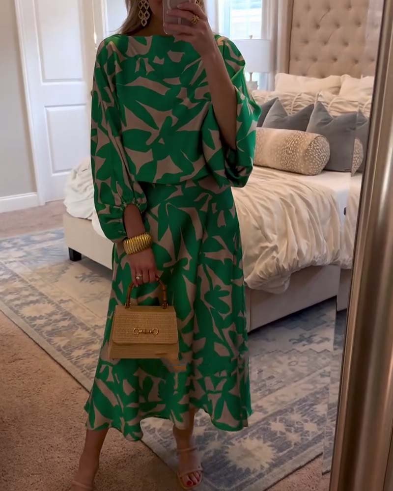Women's Flowy Lantern Sleeve Printed Two-Piece Top Skirt Set - Green