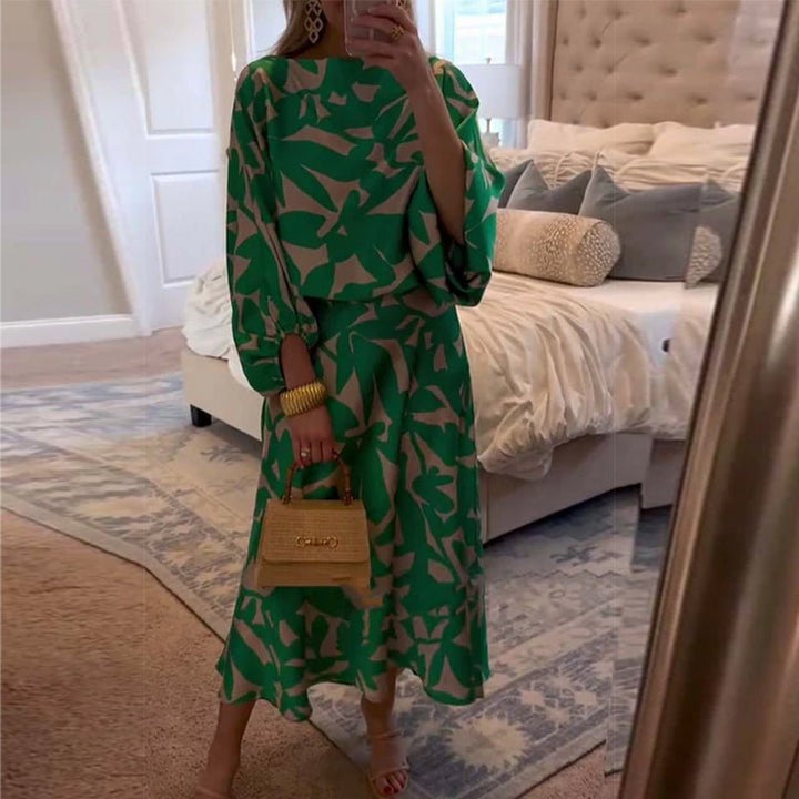 Women's Flowy Lantern Sleeve Printed Two-Piece Top Skirt Set