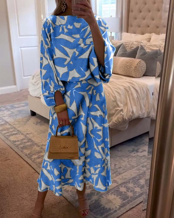 Women's Flowy Lantern Sleeve Printed Two-Piece Top Skirt Set - Blue