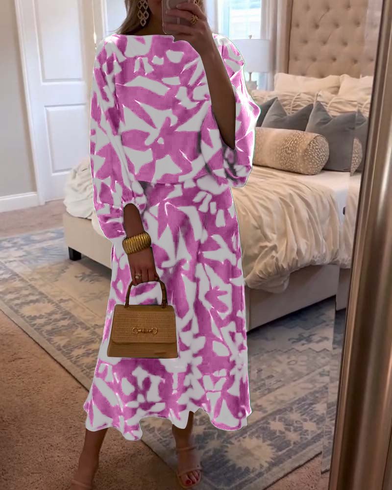 Women's Flowy Lantern Sleeve Printed Two-Piece Top Skirt Set - Pink