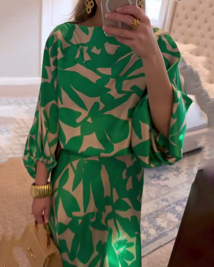 Women's Flowy Lantern Sleeve Printed Two-Piece Top Skirt Set