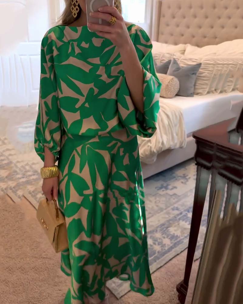Women's Flowy Lantern Sleeve Printed Two-Piece Top Skirt Set