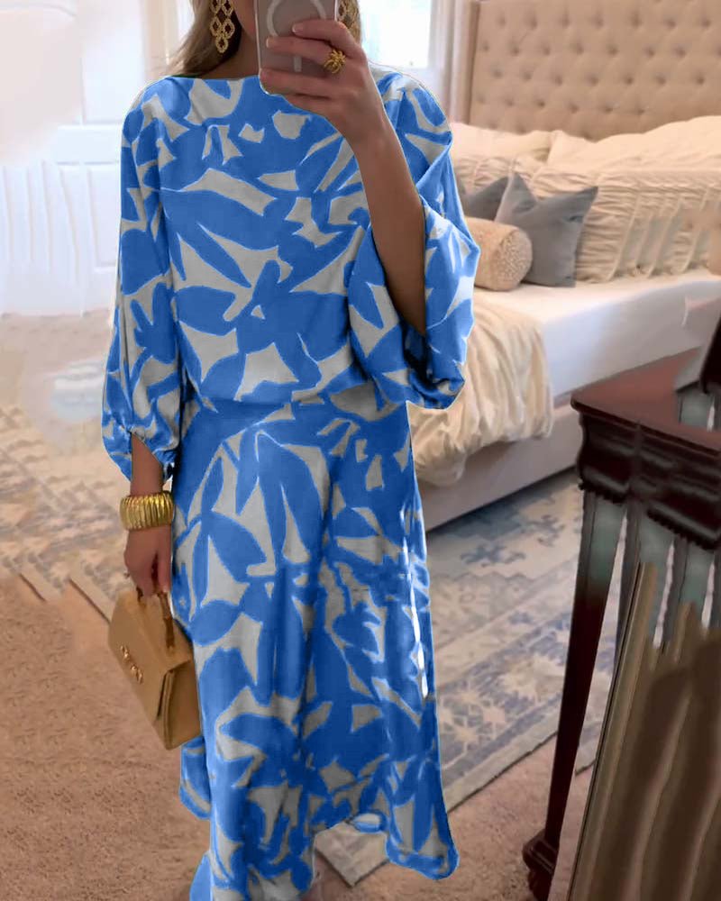 Women's Flowy Lantern Sleeve Printed Two-Piece Top Skirt Set