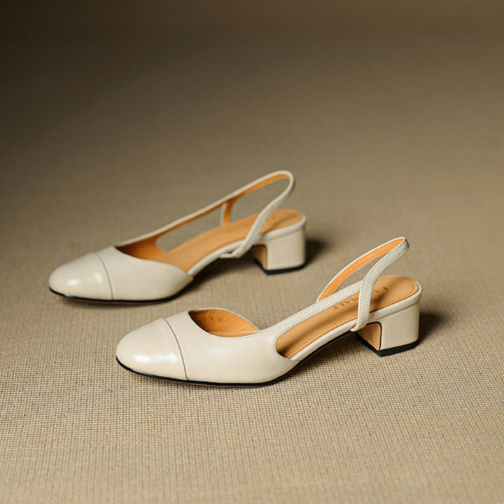 Women's Genuine Leather Almond-Toe Slingback Block Heel Pumps