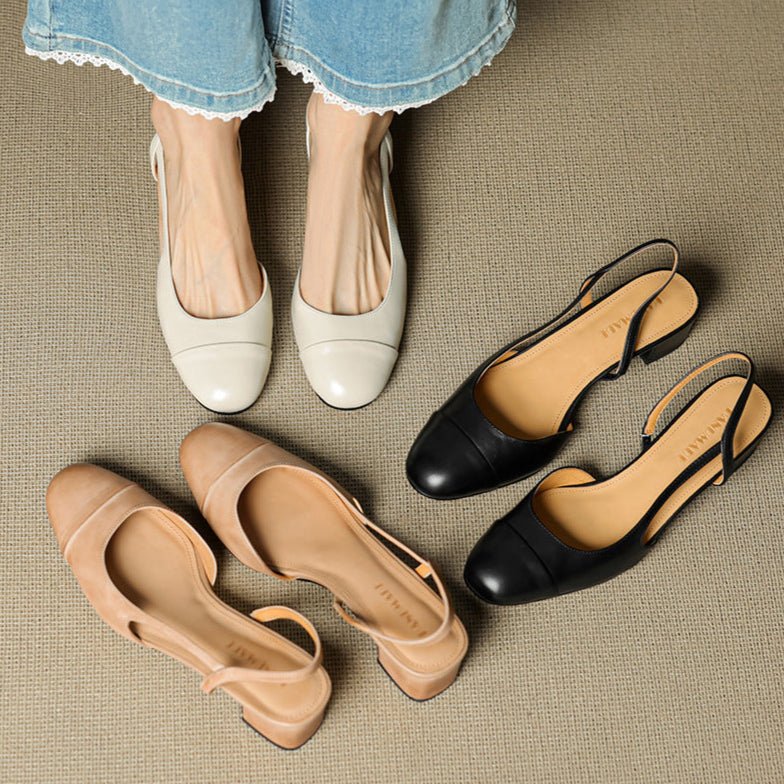 Women's Genuine Leather Almond-Toe Slingback Block Heel Pumps