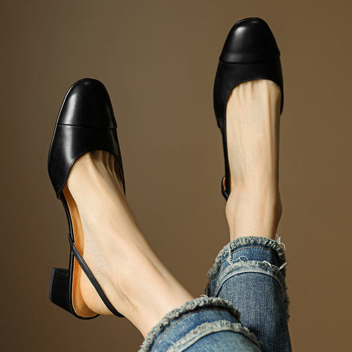 Women's Genuine Leather Almond-Toe Slingback Block Heel Pumps