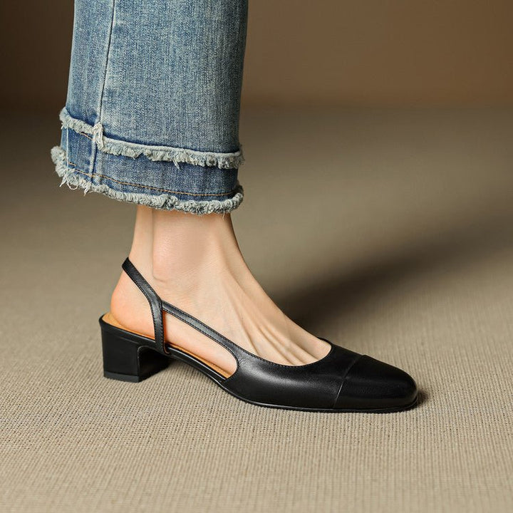 Women's Genuine Leather Almond-Toe Slingback Block Heel Pumps - Black