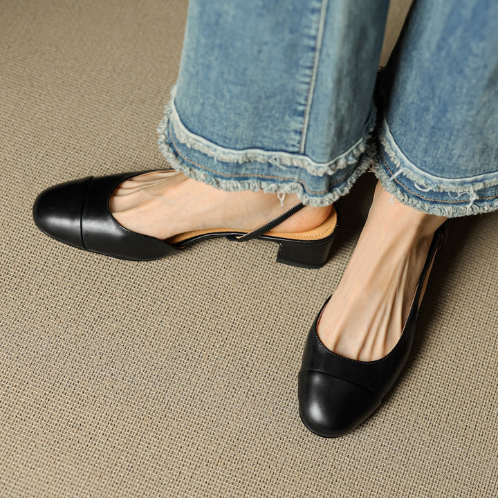 Women's Genuine Leather Almond-Toe Slingback Block Heel Pumps