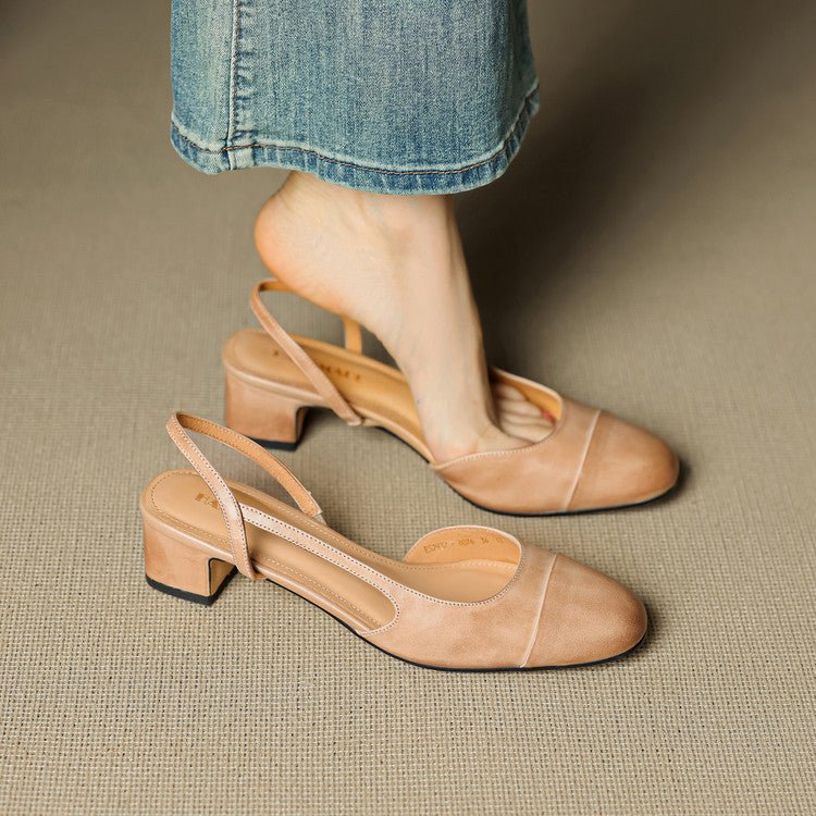 Women's Genuine Leather Almond-Toe Slingback Block Heel Pumps