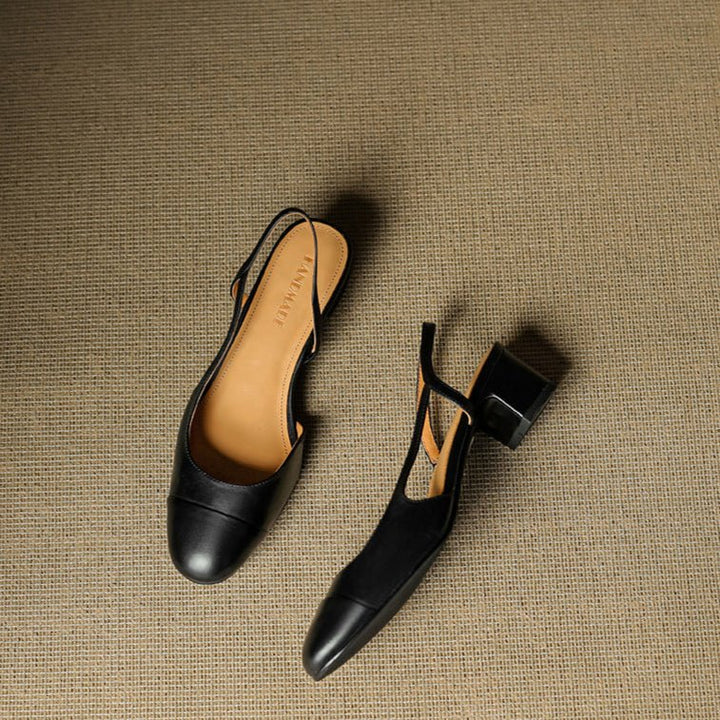 Women's Genuine Leather Almond-Toe Slingback Block Heel Pumps