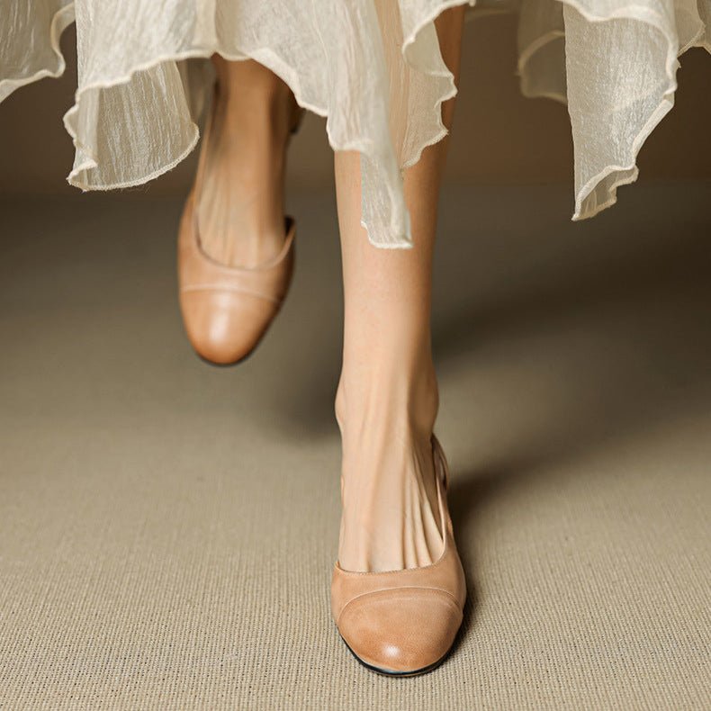 Women's Genuine Leather Almond-Toe Slingback Block Heel Pumps