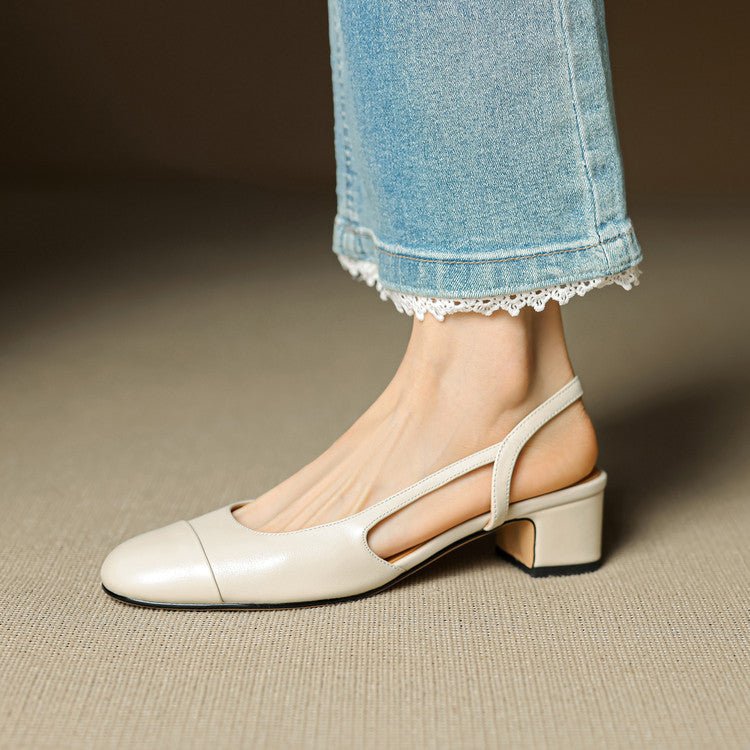 Women's Genuine Leather Almond-Toe Slingback Block Heel Pumps - Beige