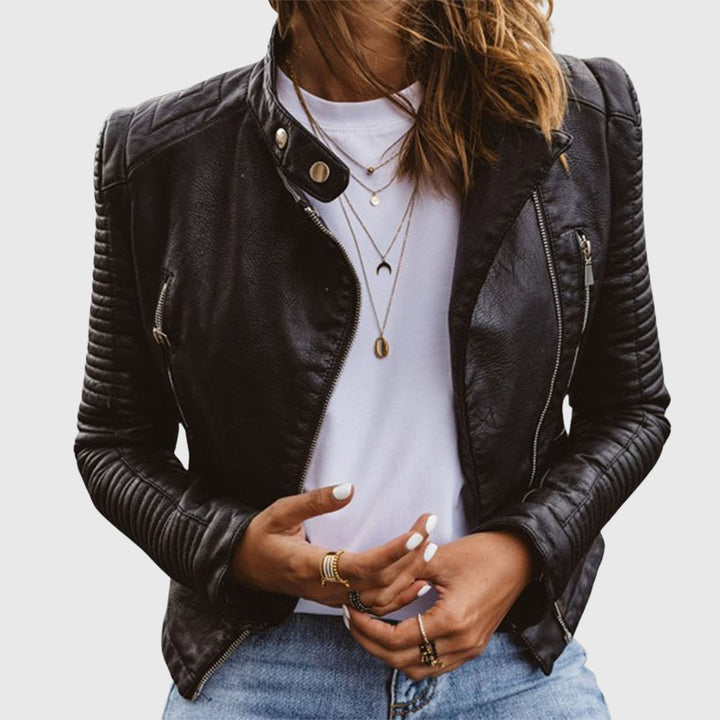 Women's Genuine Leather Moto Biker Jacket Quilted Sleeves