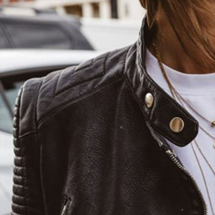 Women's Genuine Leather Moto Biker Jacket Quilted Sleeves