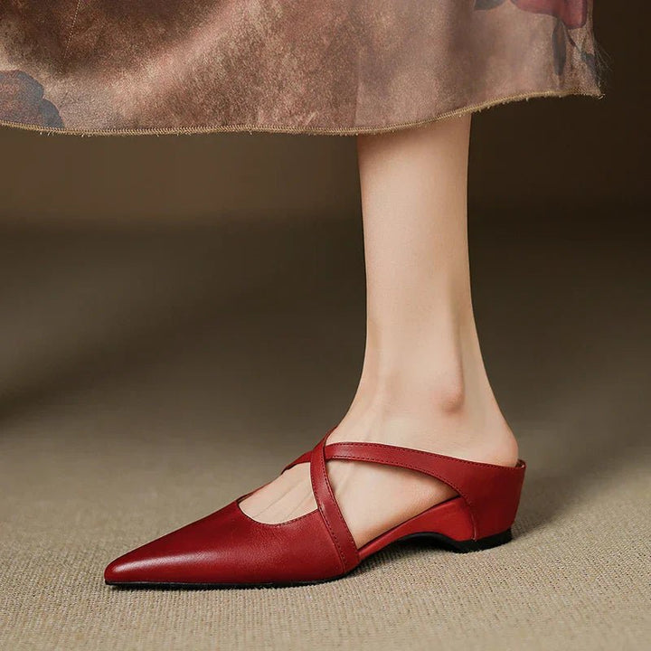 Women's Genuine Leather Pointed-Toe Cross-Strap Mules - Red