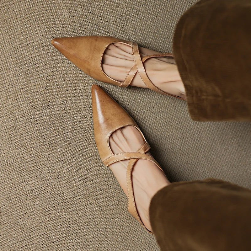 Women's Genuine Leather Pointed-Toe Cross-Strap Mules