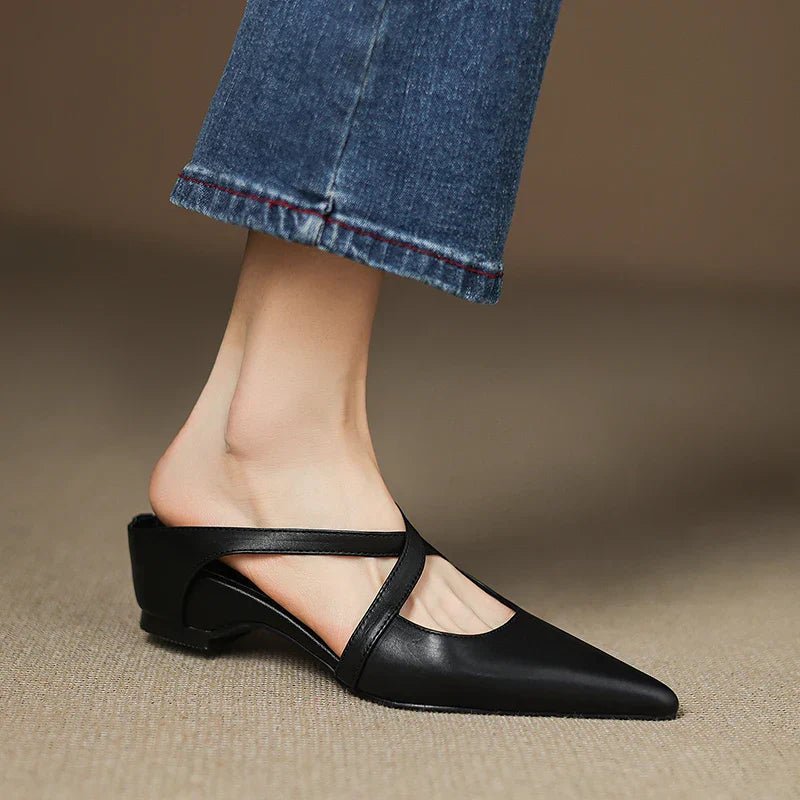 Women's Genuine Leather Pointed-Toe Cross-Strap Mules
