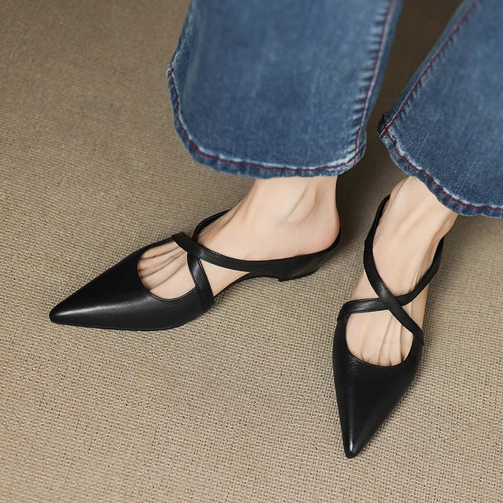 Women's Genuine Leather Pointed-Toe Cross-Strap Mules