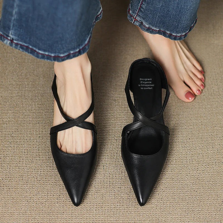 Women's Genuine Leather Pointed-Toe Cross-Strap Mules
