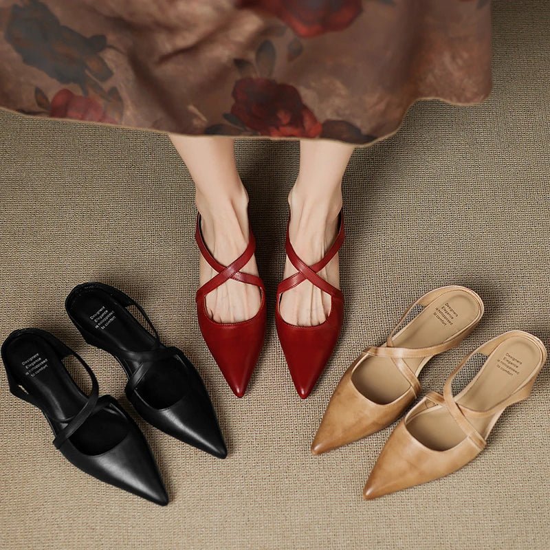Women's Genuine Leather Pointed-Toe Cross-Strap Mules