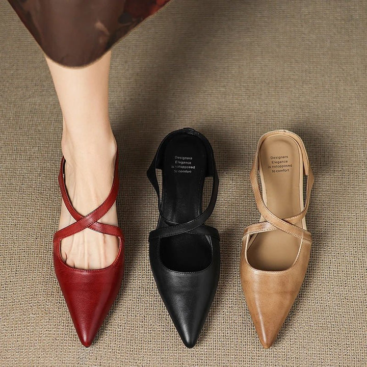 Women's Genuine Leather Pointed-Toe Cross-Strap Mules
