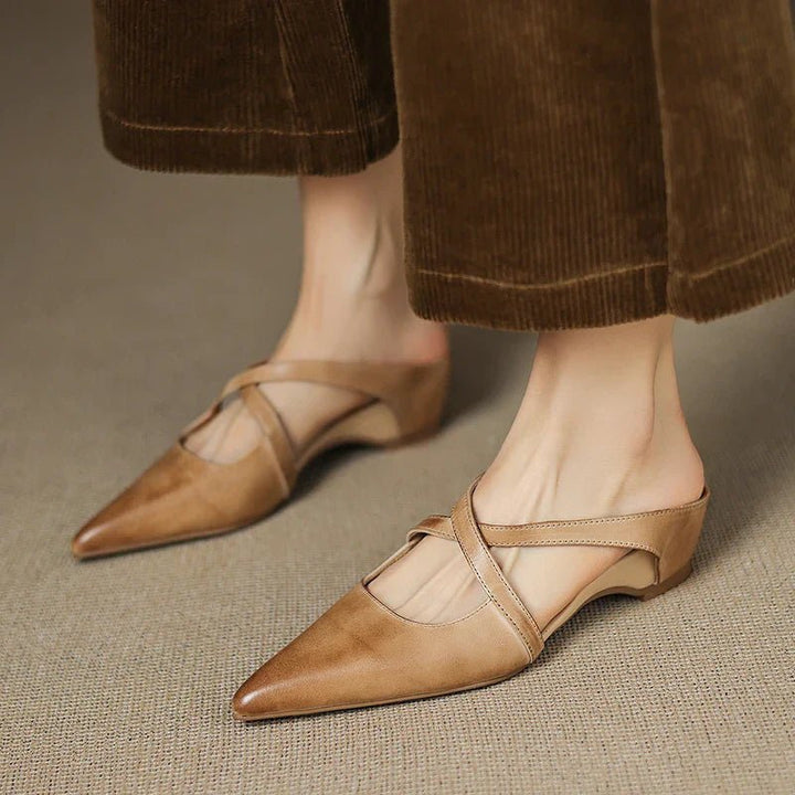 Women's Genuine Leather Pointed-Toe Cross-Strap Mules
