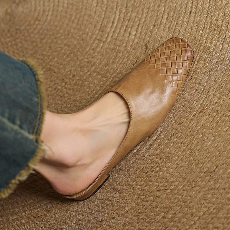 Women's Genuine Leather Woven-Toe Square-Toe Slip-On Mules