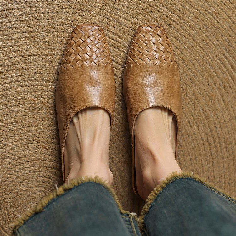 Women's Genuine Leather Woven-Toe Square-Toe Slip-On Mules