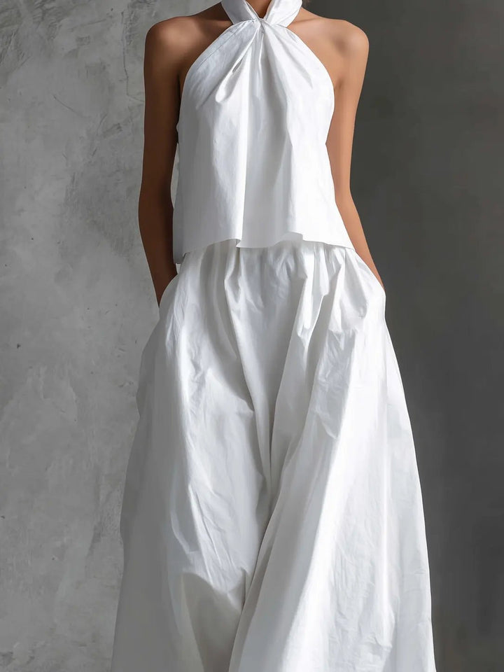 Women's Halter Neck Cotton-Linen Maxi Skirt Two-Piece Set