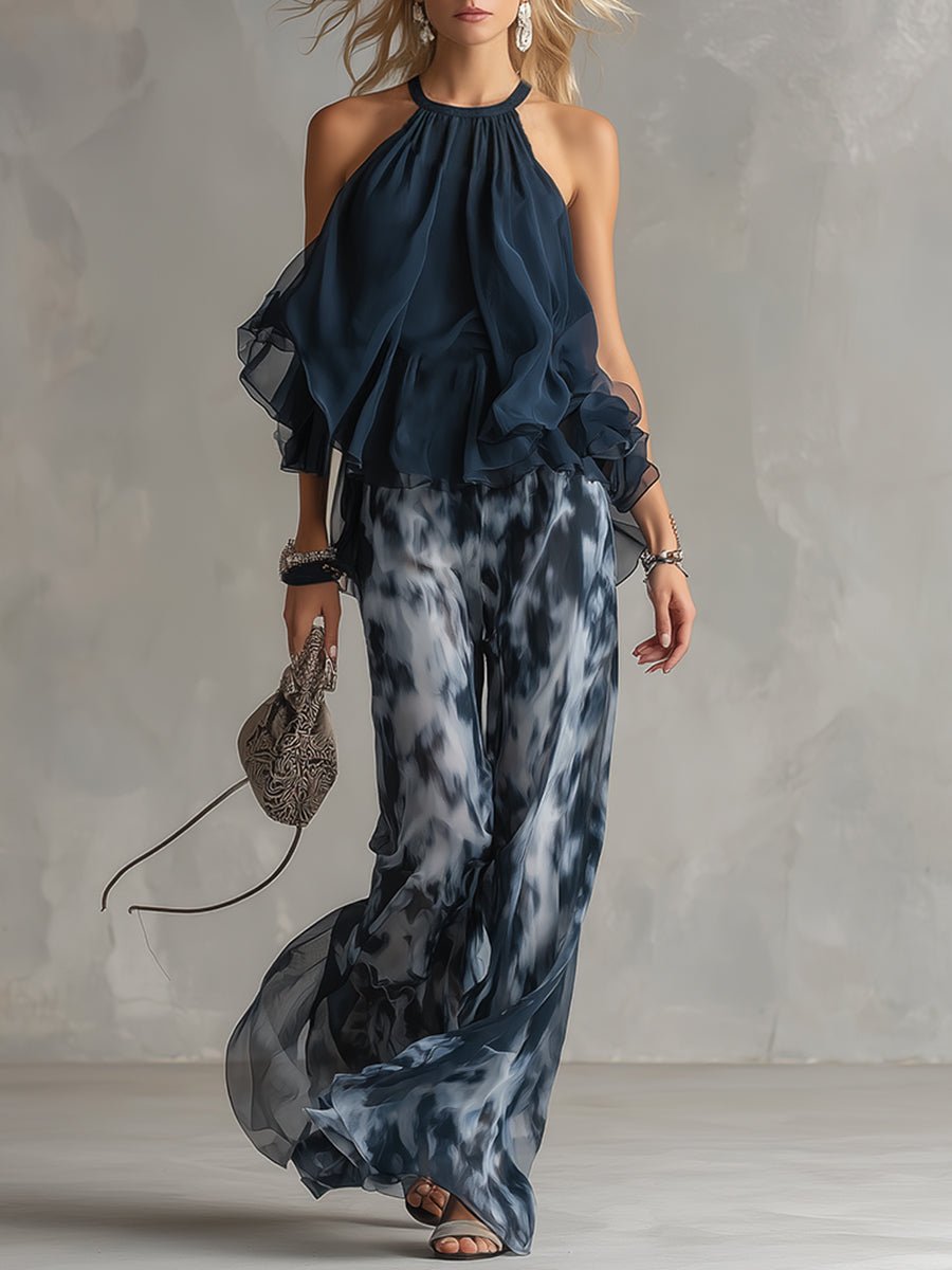 Women's Halter Neck Ruffled Wide-Leg Two-Piece Set - Navy Blue