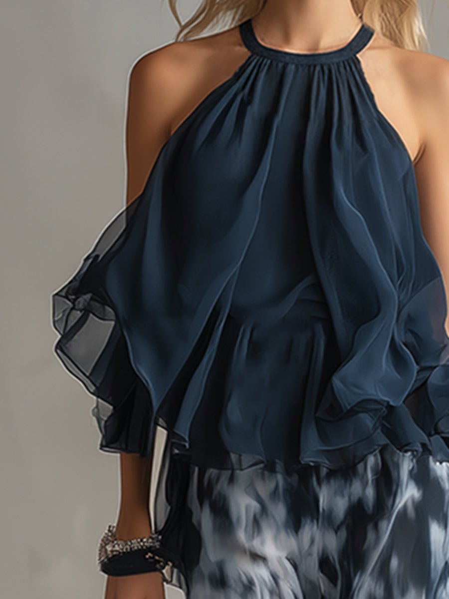Women's Halter Neck Ruffled Wide-Leg Two-Piece Set