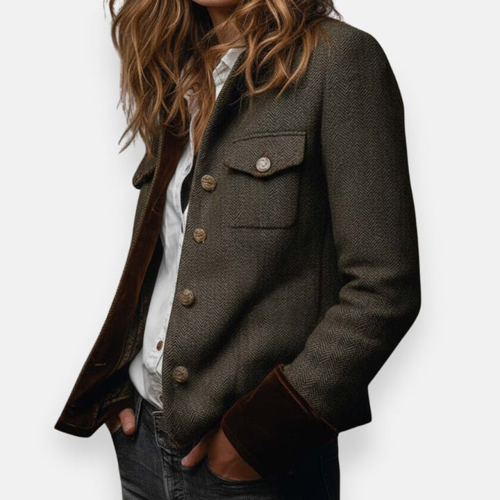 Women's Herringbone Tweed Structured Button-Front Jacket