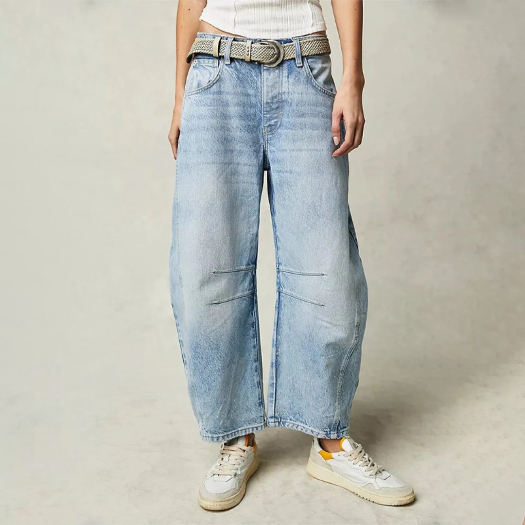 Women's High-Rise Barrel Leg Relaxed-Fit Acid-Wash Jeans - Light Blue