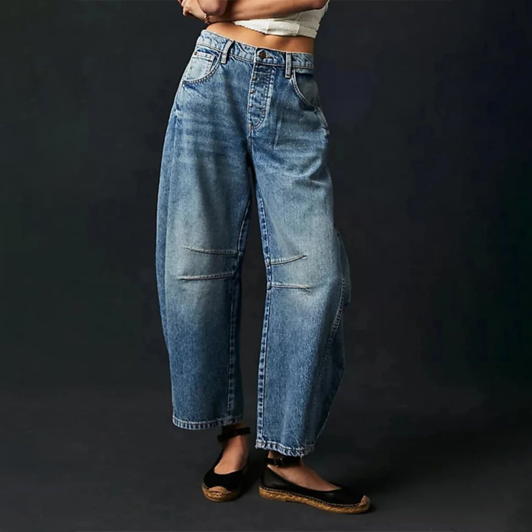 Women's High-Rise Barrel Leg Relaxed-Fit Acid-Wash Jeans - Dark Blue
