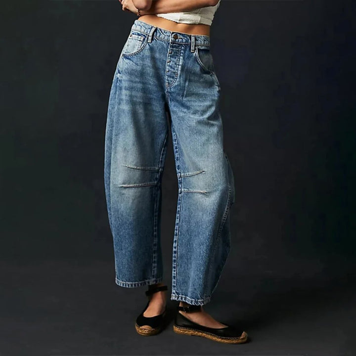 Women's High-Rise Barrel Leg Relaxed-Fit Acid-Wash Jeans - Dark Blue